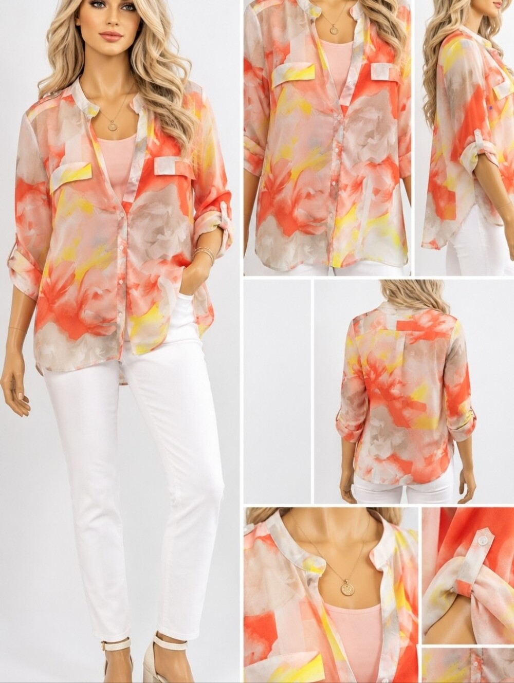 Watercolor Floral Sheer Blouse & Camisole Set Coral Pink Yellow Roll Tab Sleeve
